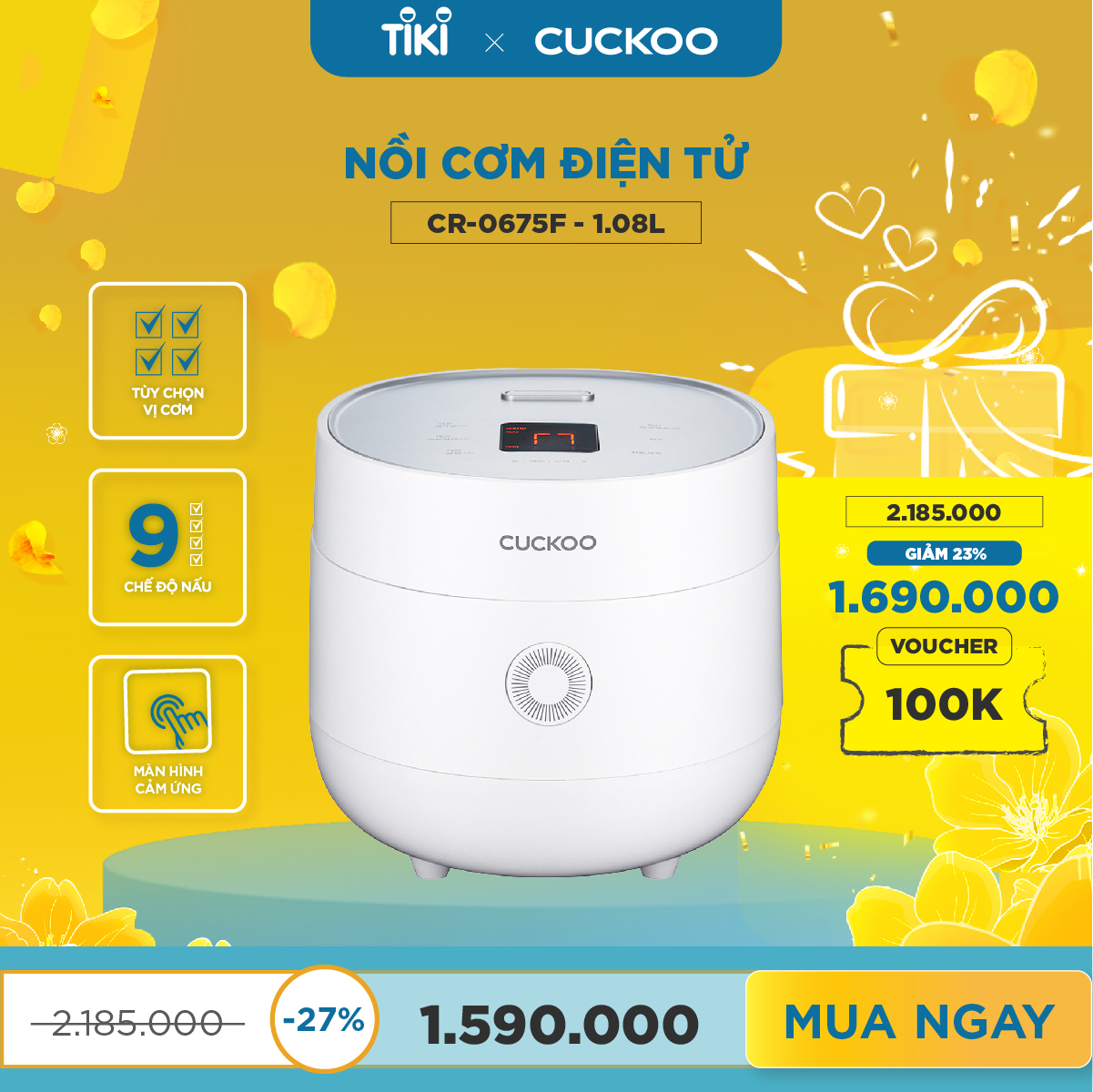 Nồi cơm điện tử Cuckoo 1.08L CR-0675F - Tùy chọn 3 vị cơm, 9 chế độ nấu tích hợp, chế độ tự động làm sạch - Hàng chính hãng