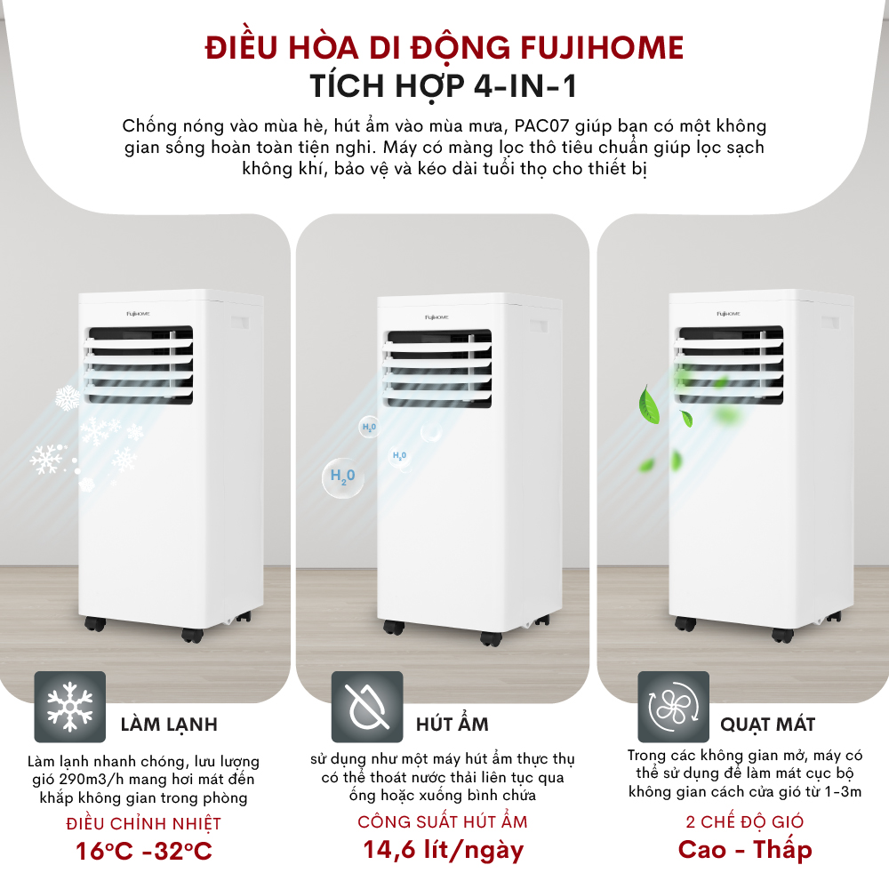 Máy lạnh di động 7000 BTU Fujihome PAC07, điều hòa di động mini 4 trong 1 làm lạnh, hút ẩm, quạt, lọc không khí, điều khiển từ xa - Hàng chính hãng