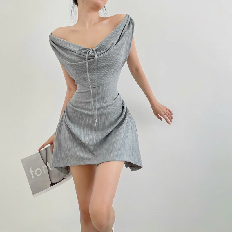 Đầm Body Xương Cá Trễ Vai Dây Nơ Dáng Ngắn Xoè Nhún Thân