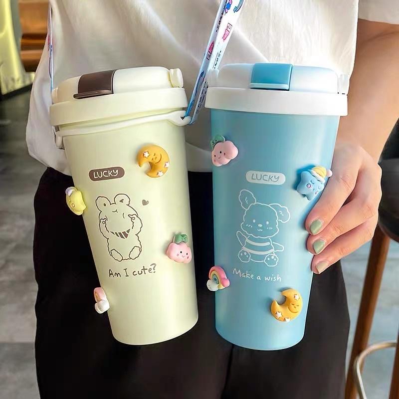 Bình giữ nhiệt, Ly giữ nhiệt 500ml, bình đựng nước cute có ống hút, dây đeo và sticker