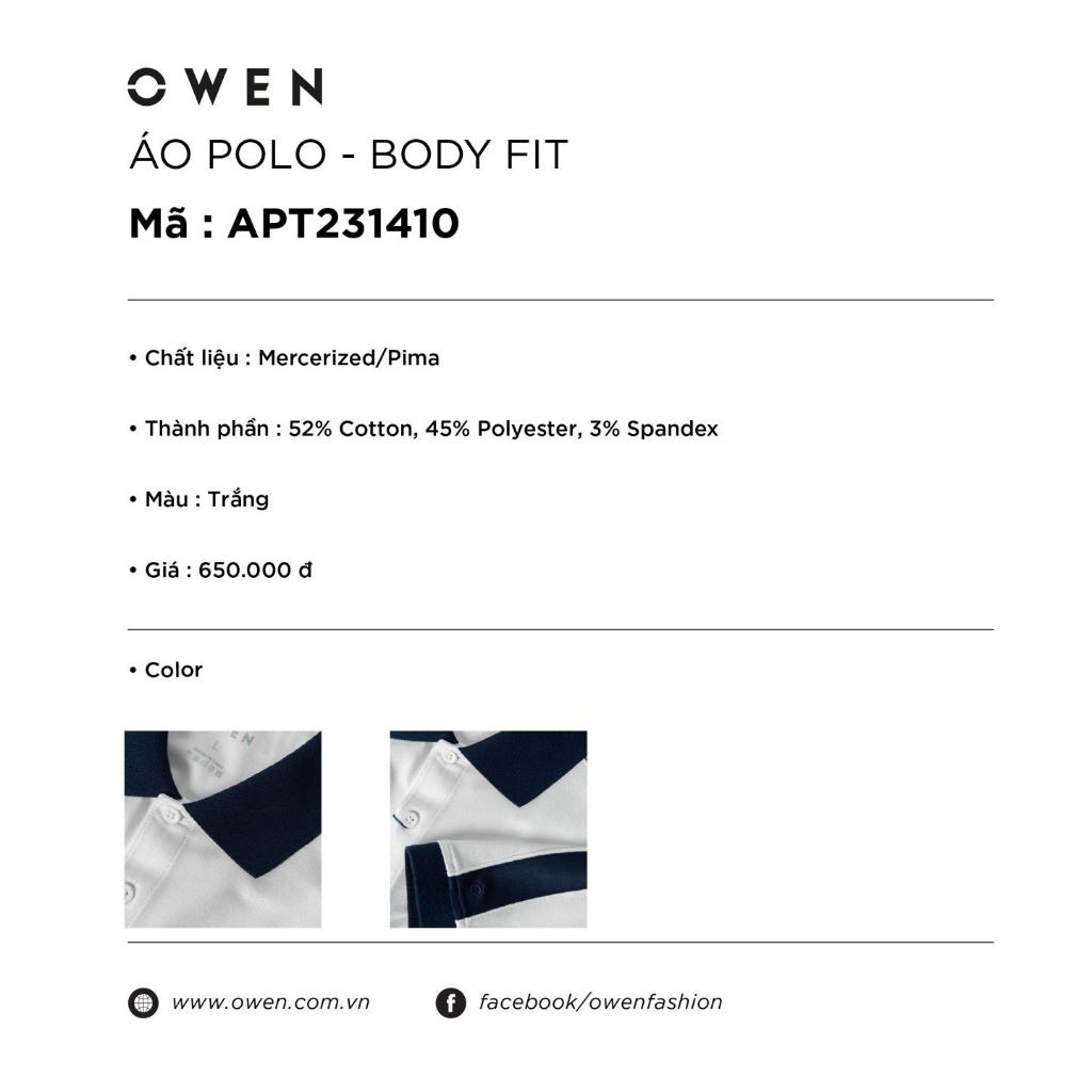 OWEN - Áo polo nam ngắn tay Owen chất pima mềm mát màu trắng 231410