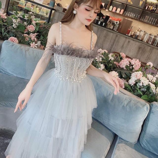 Đầm xoè 2 dây công chúa phối tua rua Cao Cấp - MS162V ( Size M/L đến 57Kg )MM MM