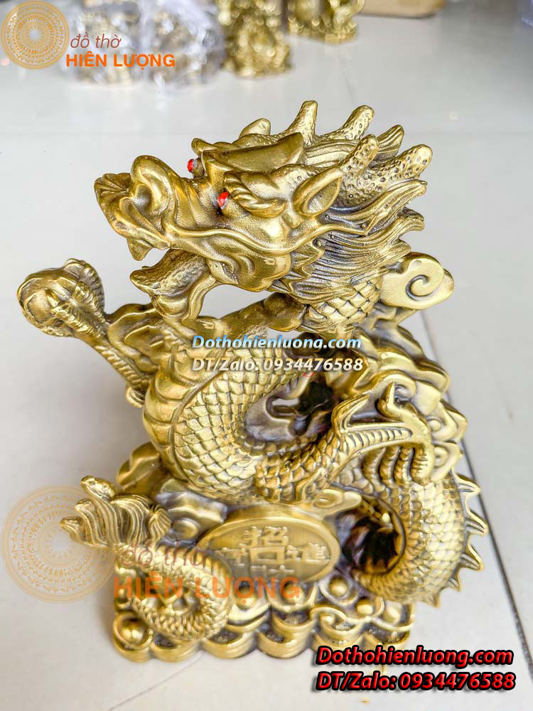 Tượng Rồng Cuộn Tiền Bằng Đồng Vàng Nguyên Chất Kích Thước 18x9x25cm, Nặng 2,4kg - Đồ Thờ Hiên Lượng