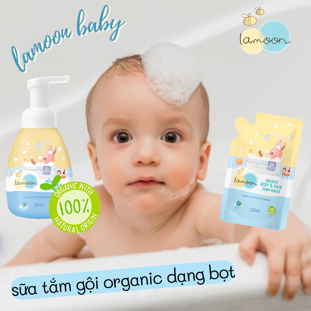 COMBO 2 Túi Sữa tắm gội Organic cho bé từ sơ sinh dạng bọt Lamoon 220ml TẶNG 1 Ty Ngậm Siêu Nhẹ (Vỉ Đơn) Cho Bé
