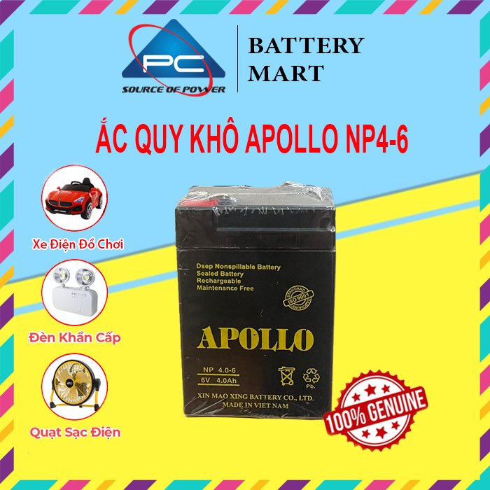 Ắc Quy Apollo NP4-6 6V-4AH, Bình ắc quy khô 6V cho xe điện trẻ em ,đèn khẩn cấp, quạt sạc