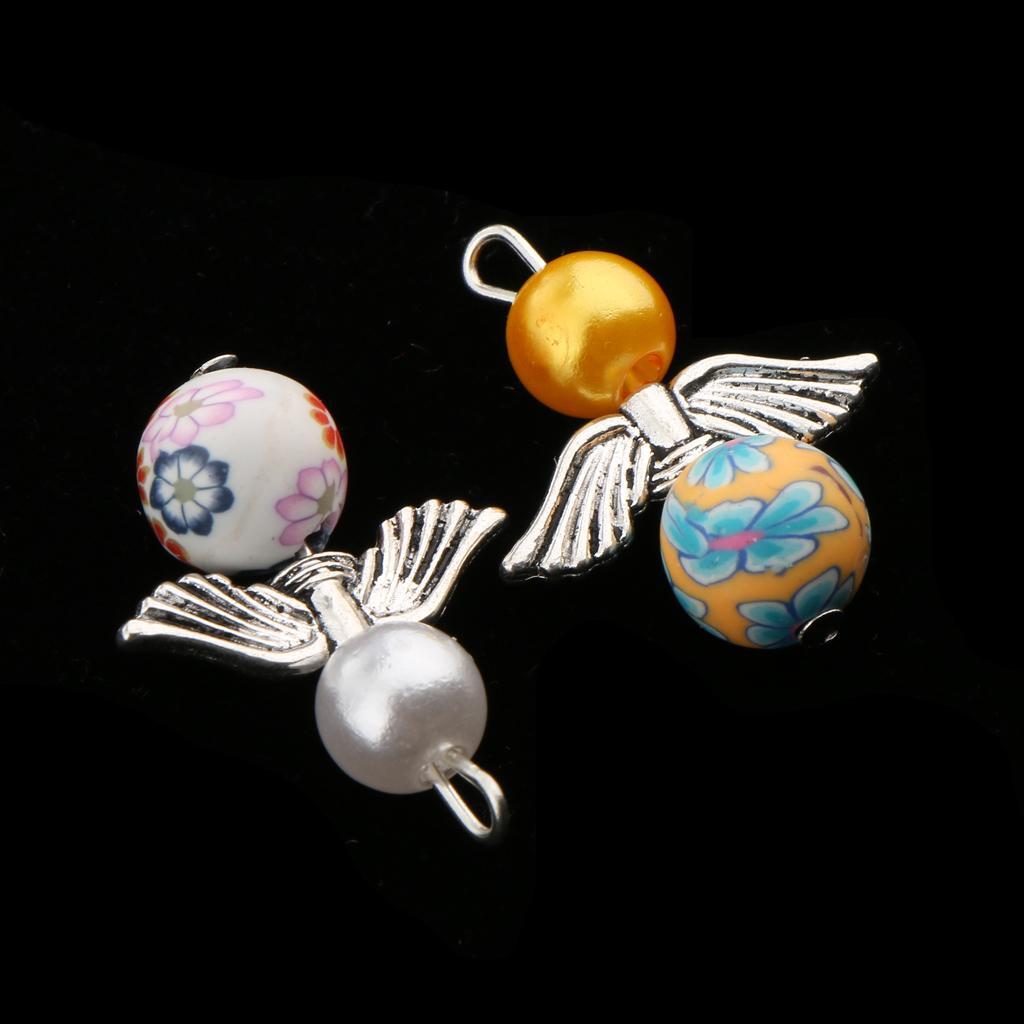 20 Pieces Colored Pearl Charms Angel Wings Polymer Clay Round Bead Metal Charms For DIY Pendant Necklace Bracelet Jewelry Making Crafts