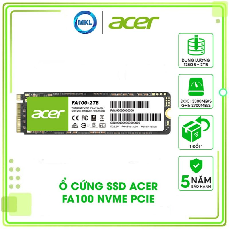 Ổ cứng SSD Acer FA100 M.2 NVMe PCIe Gen3 dung lượng đến 2TB - Tốc độ đọc/ghi 3300/2700 MB/s - Hàng chính hãng