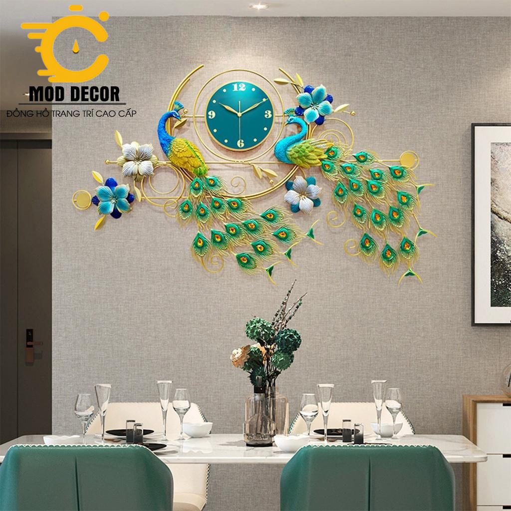 Đồng hồ treo tường chim công khổng tước Hm2928 cỡ đại 145*65cm kim trôi cho phòng khách đẹp