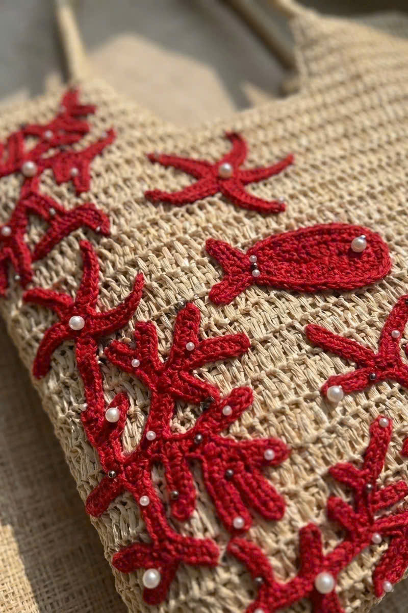 Giỏ Cói Tote Mềm Trang Trí Móc Len thời trang thiết kế Hity Acc018