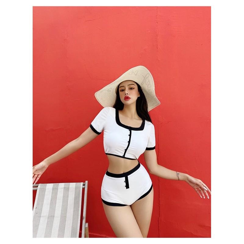 Bikini 2 mảnh uzzlang hàn quốc 2021 trắng viền đen cộc tay