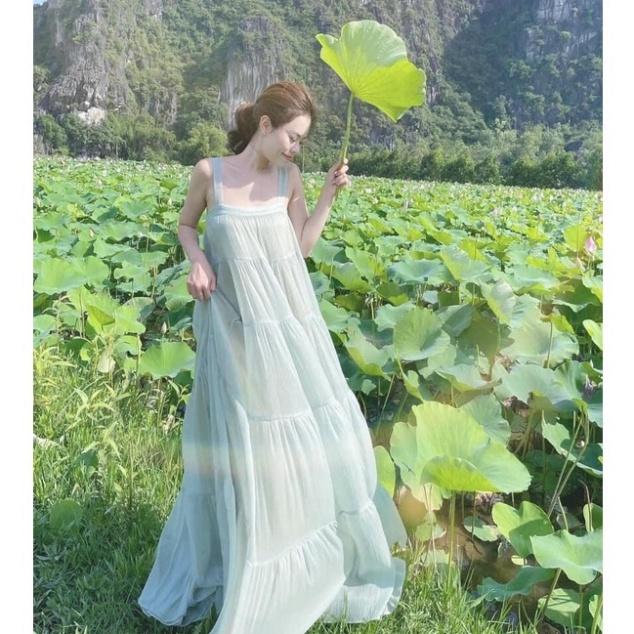 Đầm váy maxi suông dài tơ lót lụa 2 dây hở lưng tầng Ivy fashion đi biển dự tiệc dạo phố bigsize gợi cảm s