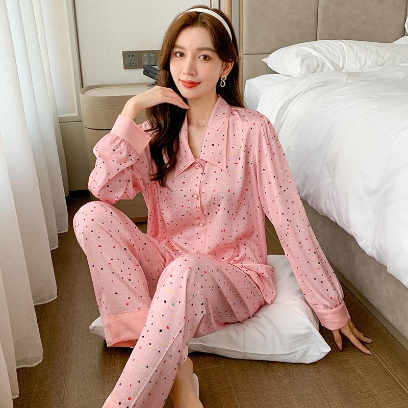 Đồ Bộ Nữ - Bộ Lụa Dài Tay Cao Cấp Mặc Nhà Cổ Áo Đẹp, Hoạ Tiết Chấm Nhỏ DDLP21