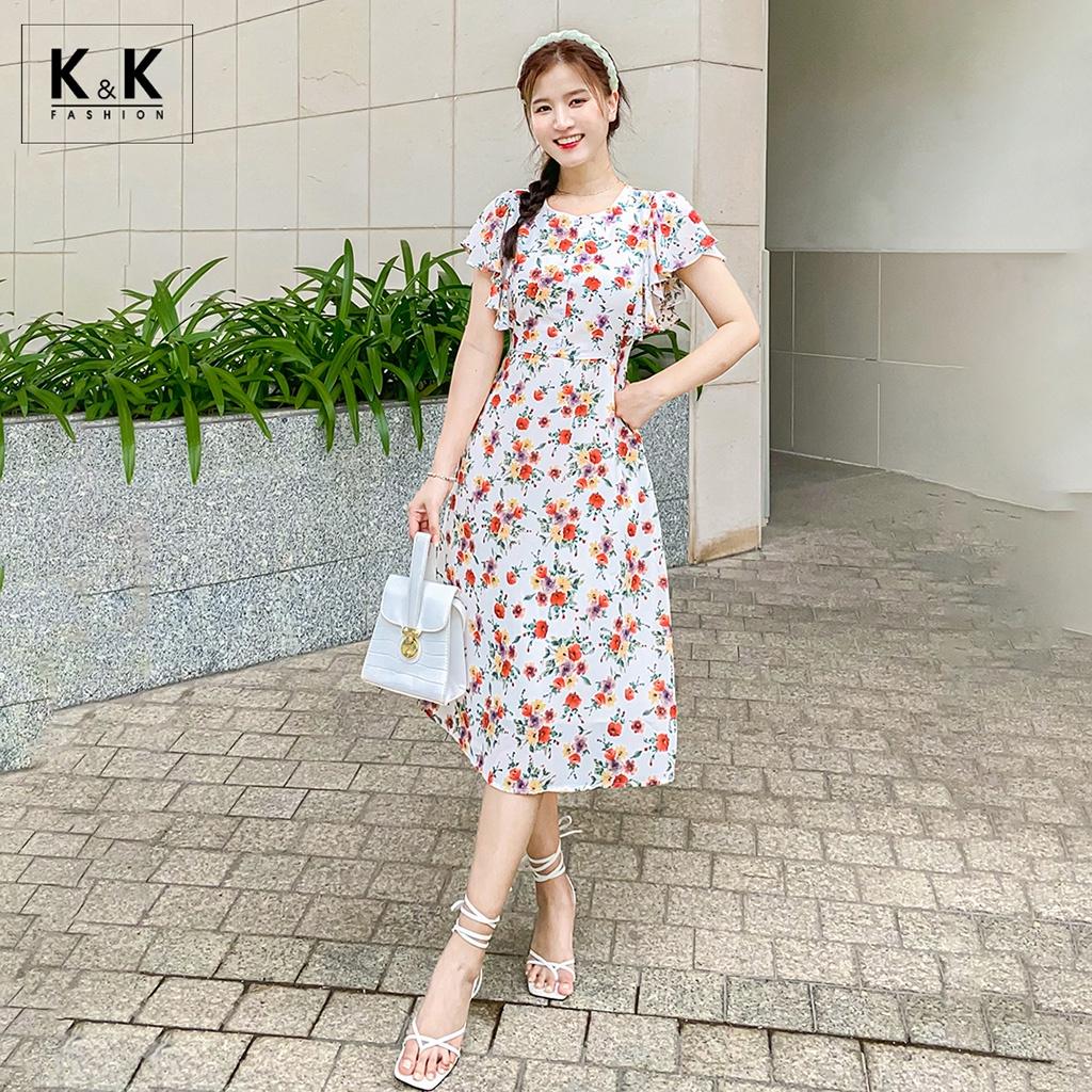 Đầm Xòe Hoa Công Sở Tay Cánh Tiên K&amp;K Fashion KK118-37 Chất Liệu Tằm Ý