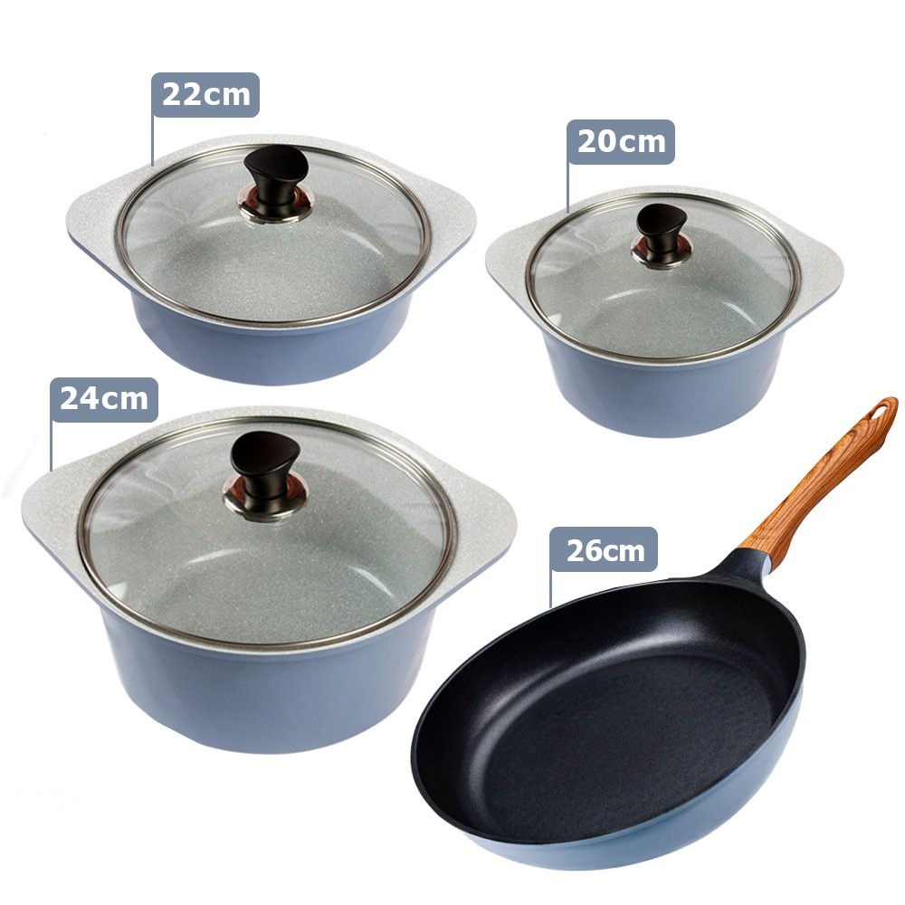 Combo 4 món, nồi đúc ceramic cao cấp 20 cm, 22 cm, 24 cm, chảo 26 cm dùng được bếp từ