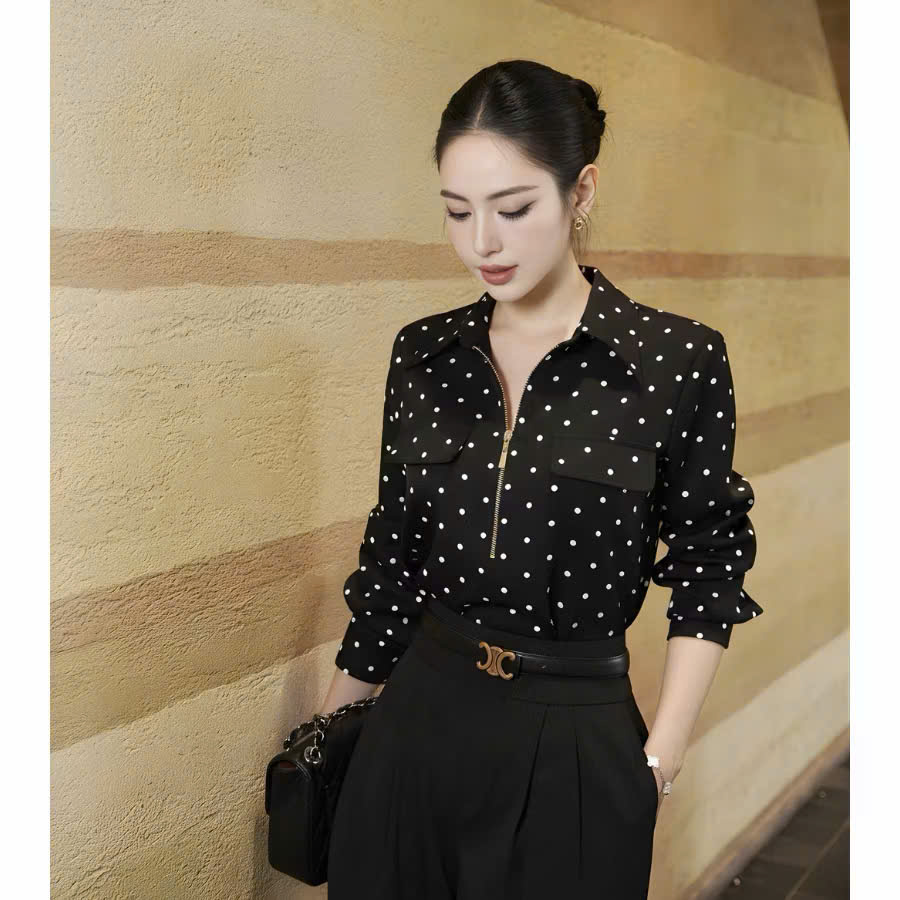 Áo sơ mi chấm bi khóa kéo tay dài