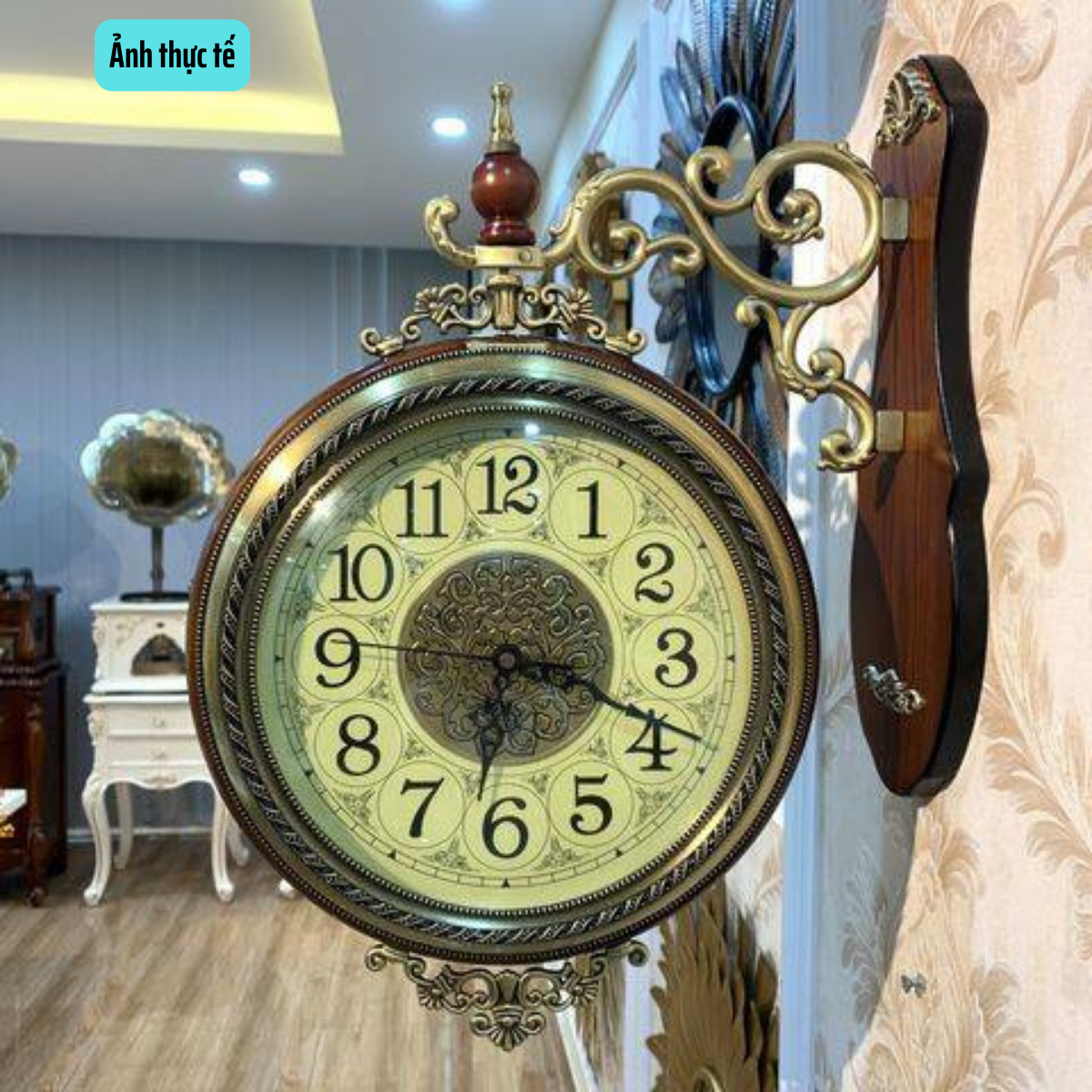 Đồng hồ treo tường 2 mặt, phong cách Châu Âu, khung gỗ sồi Nga, mặt kính sáng bóng sang trọng, Đồng hồ tân cổ điển mã DH24