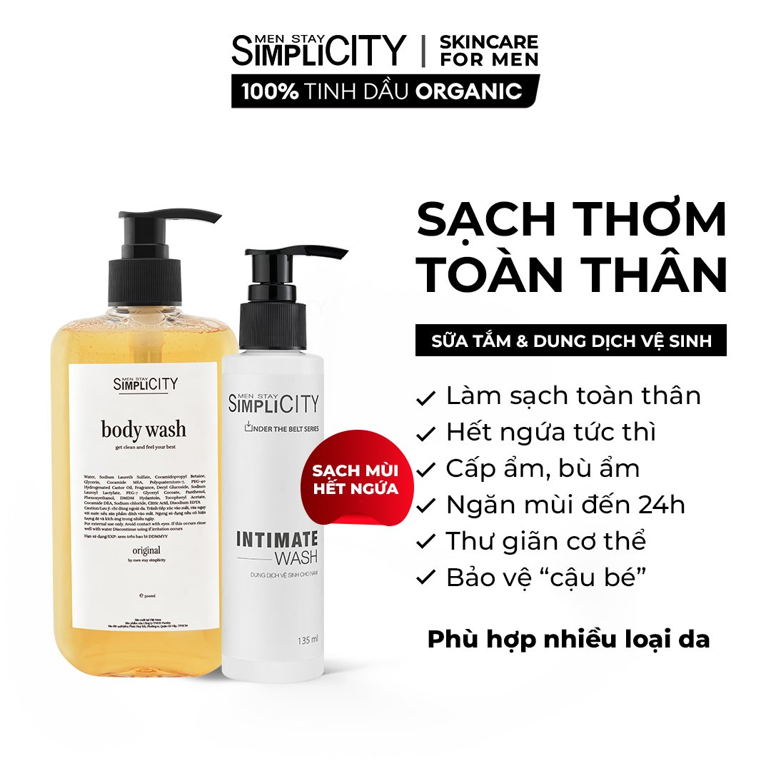 Bộ đôi tắm sạch toàn thân Men Stay Simplicity: Sữa tắm tinh dầu cao cấp 500ml và Dung dịch vệ sinh nam làm sạch & ngăn mùi 135ml
