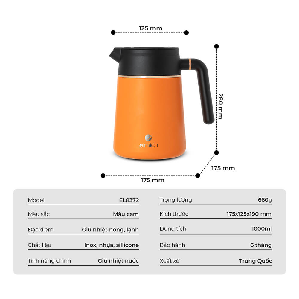 Bình Giữ Nhiệt Gia Đình Elmich EL8372 1L, Hàng Chính Hãng, Inox 304, Có Lõi Pha Trà - JoyMall