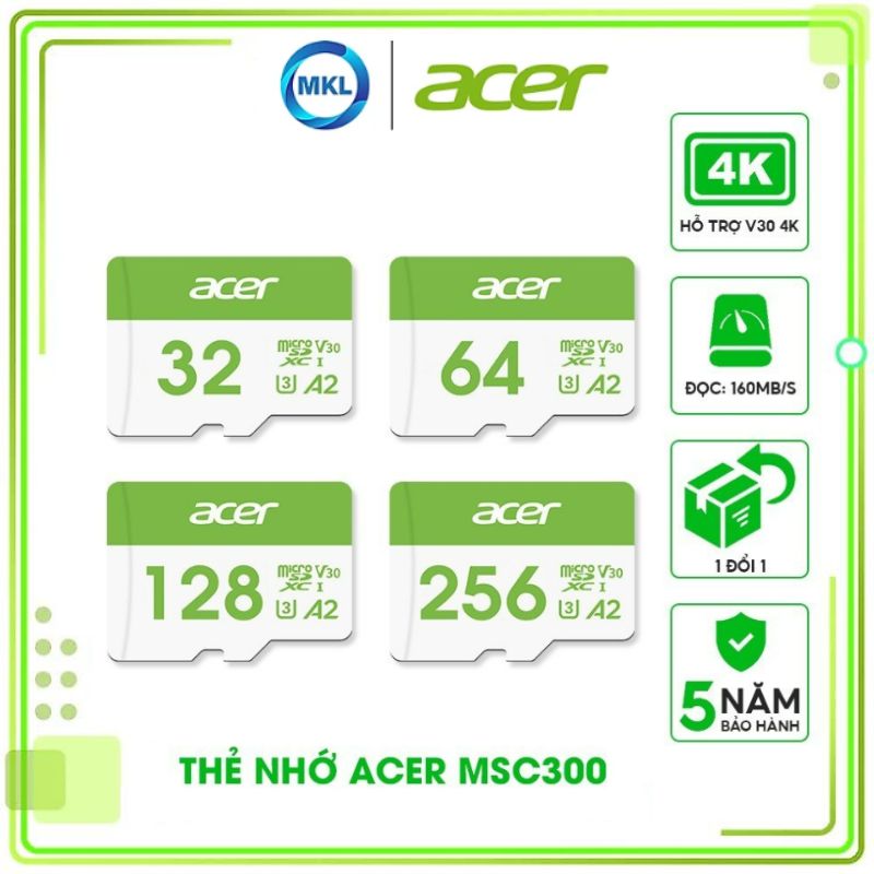 Thẻ nhớ Acer MicroSD Card MSC300 4K UHS-I tốc độ đọc/ghi lên đến 160/120MB/s - Hàng chính hãng bảo hành 5 năm | Thẻ nhớ camera chuyên nghiệp 64GB |128GB | 256GB