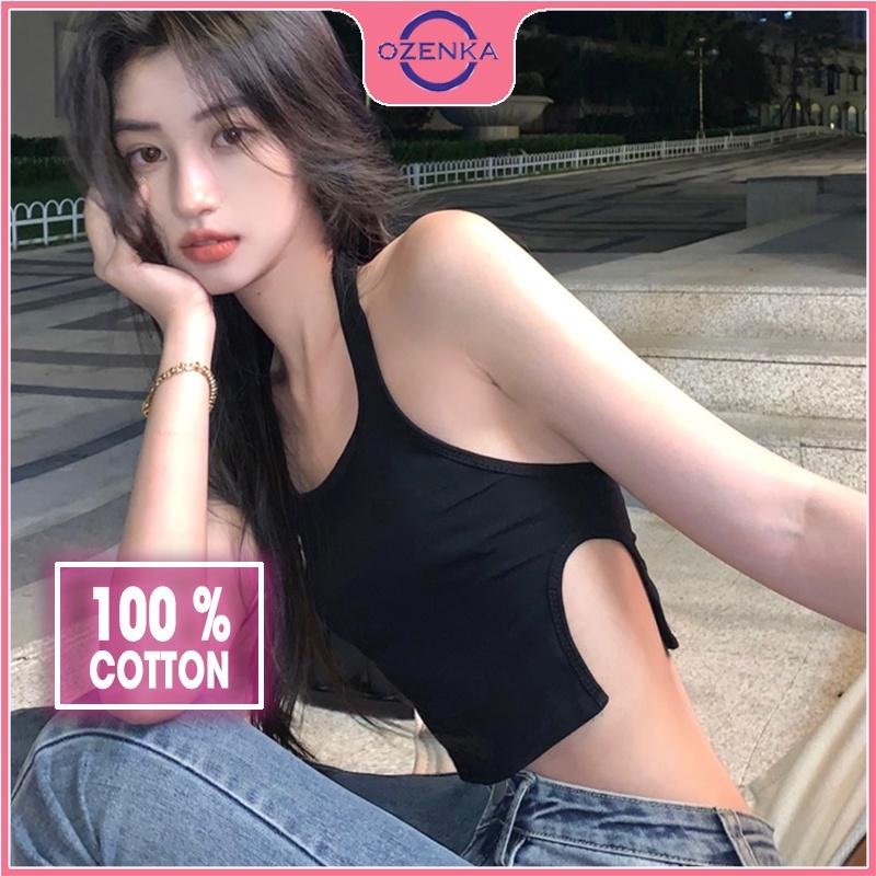 Áo ba lỗ nữ croptop ôm gợi cảm, ao thun sát nách sẻ gấu hở lưng sang chảnh mặc đi chơi đi biển màu đen trắng