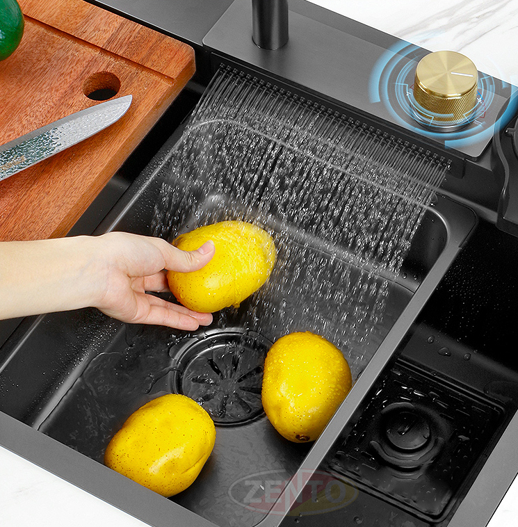 Bộ chậu rửa bát thác nước cao cấp có ngăn cài dao tiện lợi vòi nóng lạnh chậu đúc SUS inox 304 dày mạ Nano