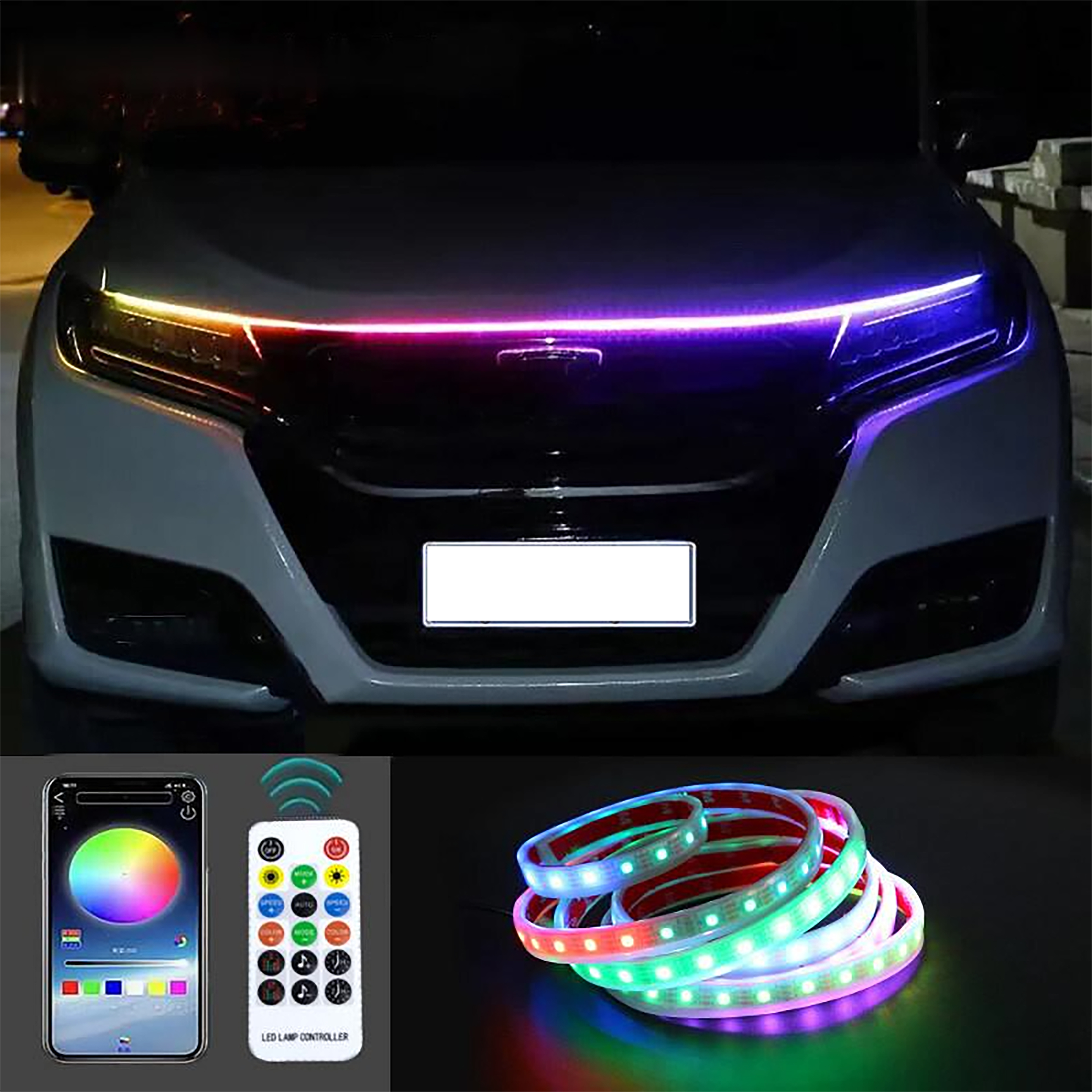 Đèn LED RGB trùm ô tô 12V tự động nắp capo phía trước, thanh đèn dài 180cm, nhiều đầy màu sắc có điều khiển Automatic loại tốt