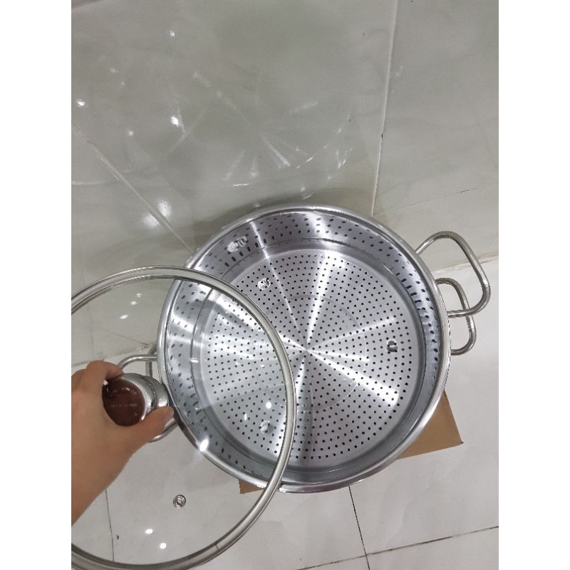 Bộ nồi và xửng hấp inox 430 bếp từ 1 đáy HT COOK 28cm nắp kính dùng được bếp từ - bảo hành 1 tháng luôn