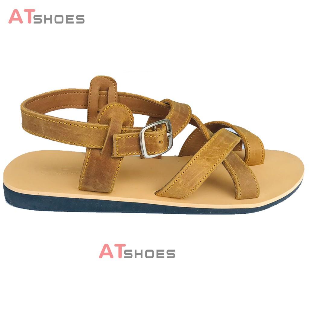 Dép Sandal Unisex - Da Bò Sandal xỏ ngón nam nữ chuẩn kiểu HQ Trẻ Trung Atshoes AT40 (Vàng)