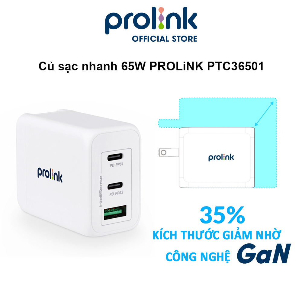 Hình ảnh Củ sạc nhanh 65W PROLiNK PTC36501, 3 cổng (USB-A QC 3.0 & 2USB-C PD 3.0) IntelliSense, dùng cho điện thoại, iPad, Laptop - Hàng chính hãng