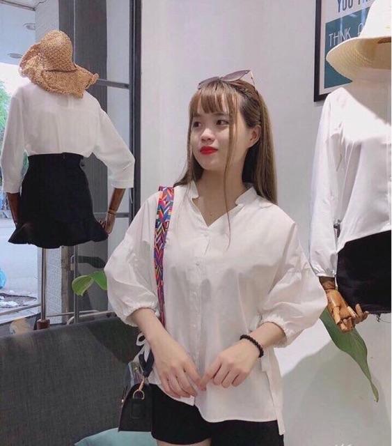 Áo cổ V tay phồng thắt nơ - trắng