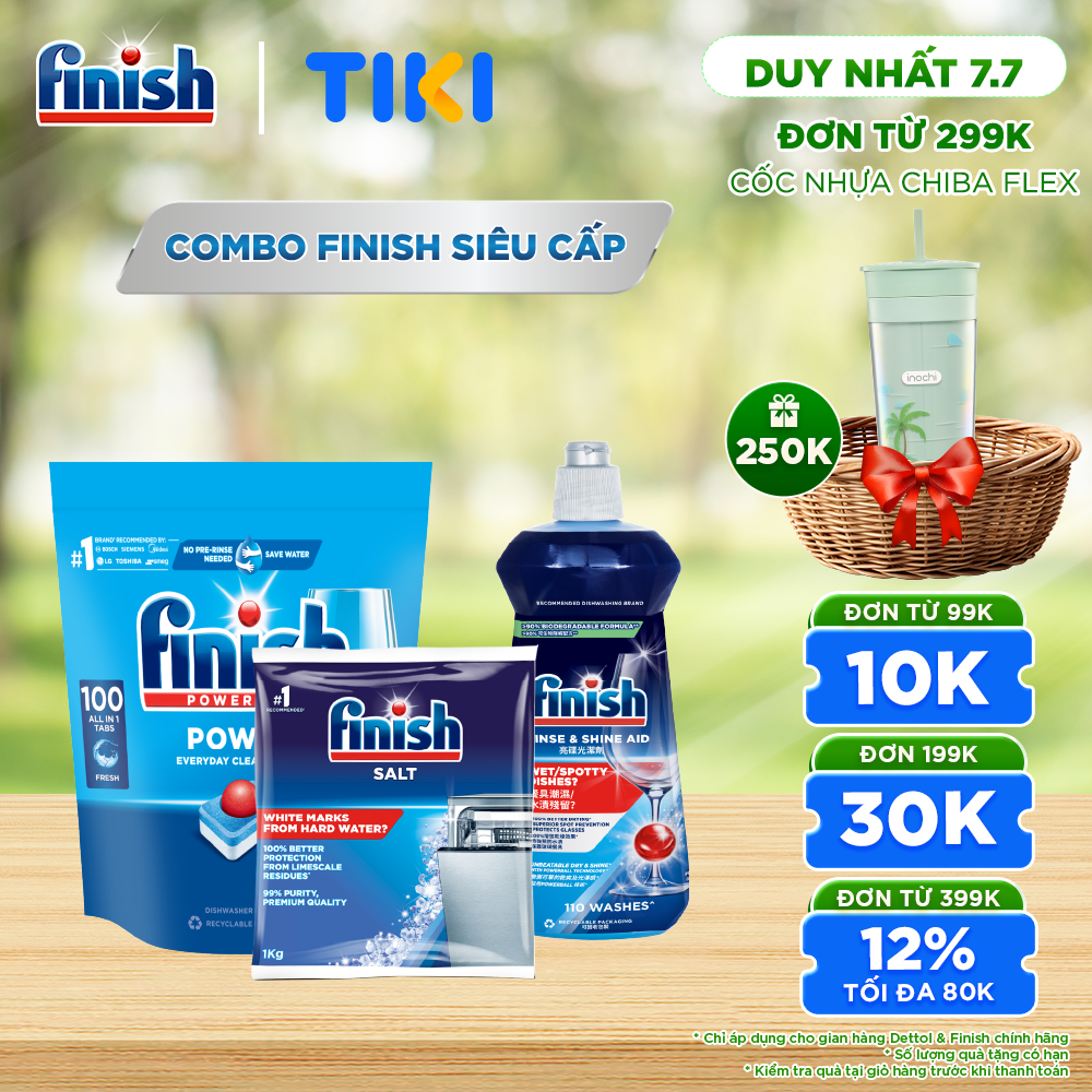Combo Finish: Everyday Shine &amp; Clean 100v + Nước Làm Bóng Finish 500ml + Muối Rửa Chén Finish Salt túi 1kg