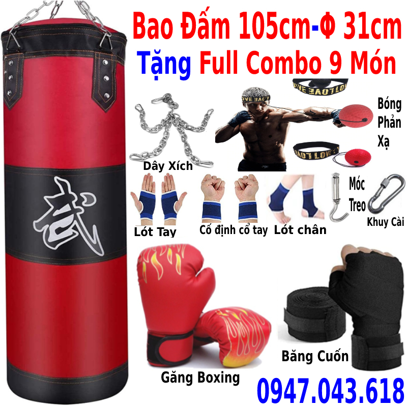 Vỏ bao cát boxing tập đấm bốc boxing mma dài 105cm, Ø=35cm + găng bao tay đấm bốc boxing mma + bằng đa boxing mma + full 7 món phụ kiện đi kèm