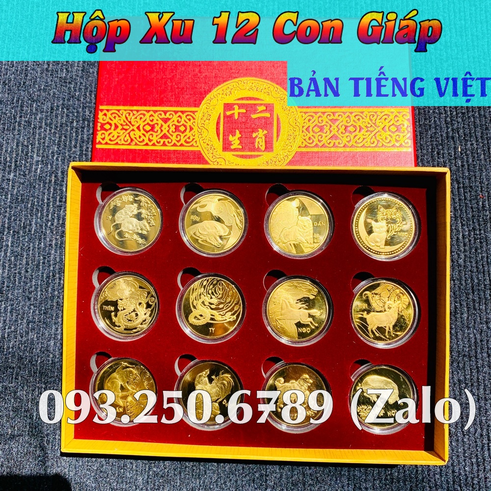Bộ Đồng Xu 12 Con Giáp Mạ Vàng - Kèm Hộp Đỏ Sang Trọng Phong Thuỷ May Mắn
