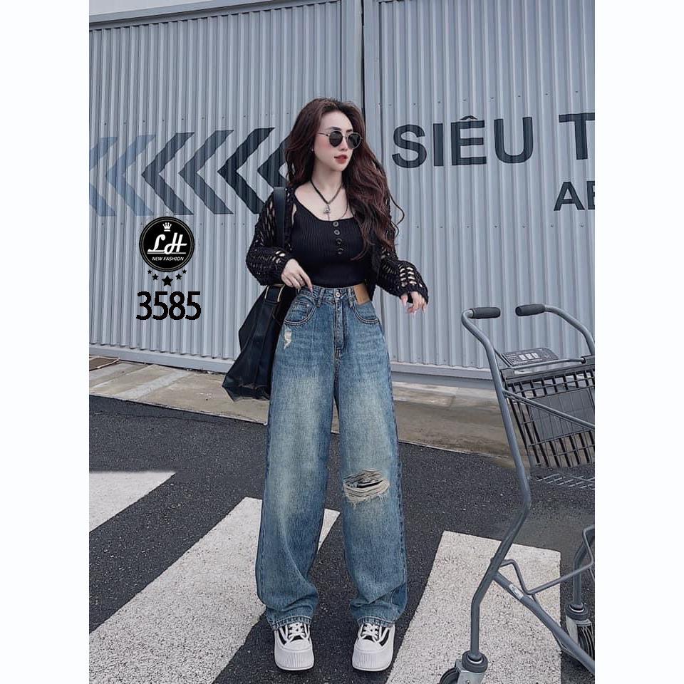 Quần jean nữ ống rộng, quần bò màu xanh rách gối rách lưng có tag cạp cao Lê Huy Fashion MS 3585