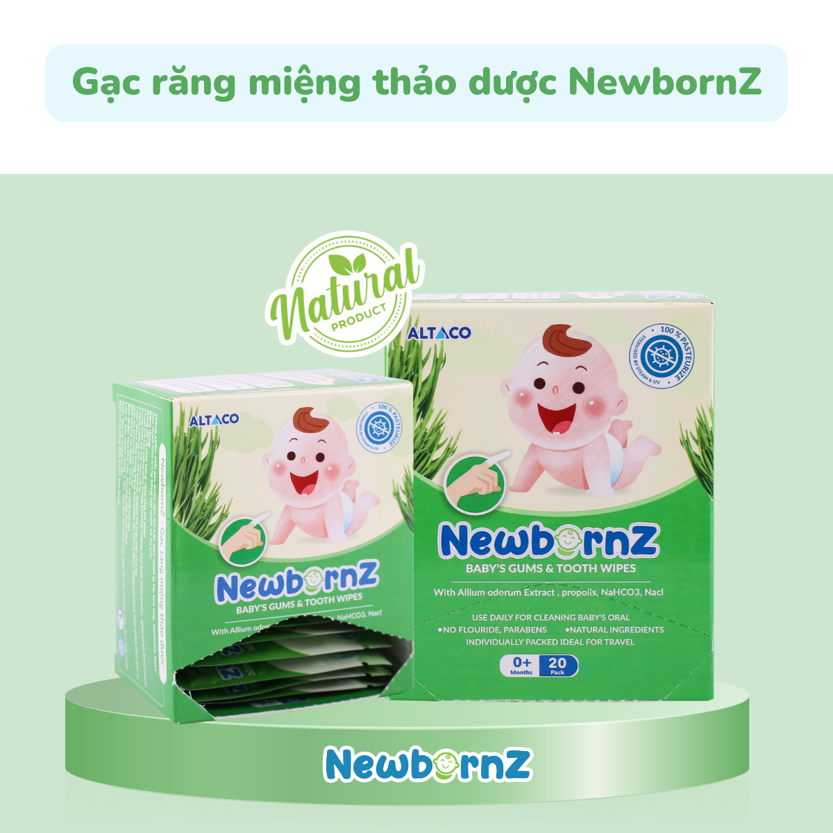 Gạc răng miệng thảo dược NewbornZ ( Hộp 20 gói) rơ lưỡi cho trẻ sơ sinh và trẻ nhỏ