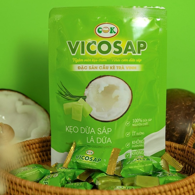 Kẹo dừa sáp VICOSAP vị lá dứa kẹo mềm dẻo ít đường đặc sản Trà Vinh