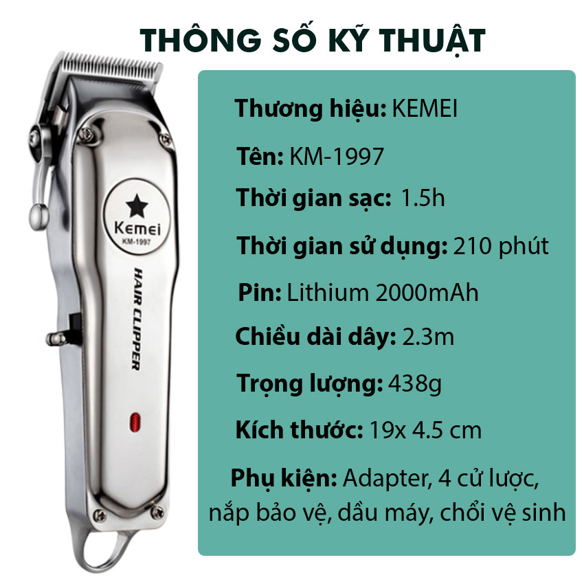 Tông đơ cắt tóc chuyên nghiệp Kemei KM-1997 thiết kế pin lithium 2000mAh sạc nhanh, toàn thân là hợp kim nhôm cao cấp Tặng kèm 1 kẹp cá sấu chia tóc tiện lợi ( tặng màu ngẫu nhiên )