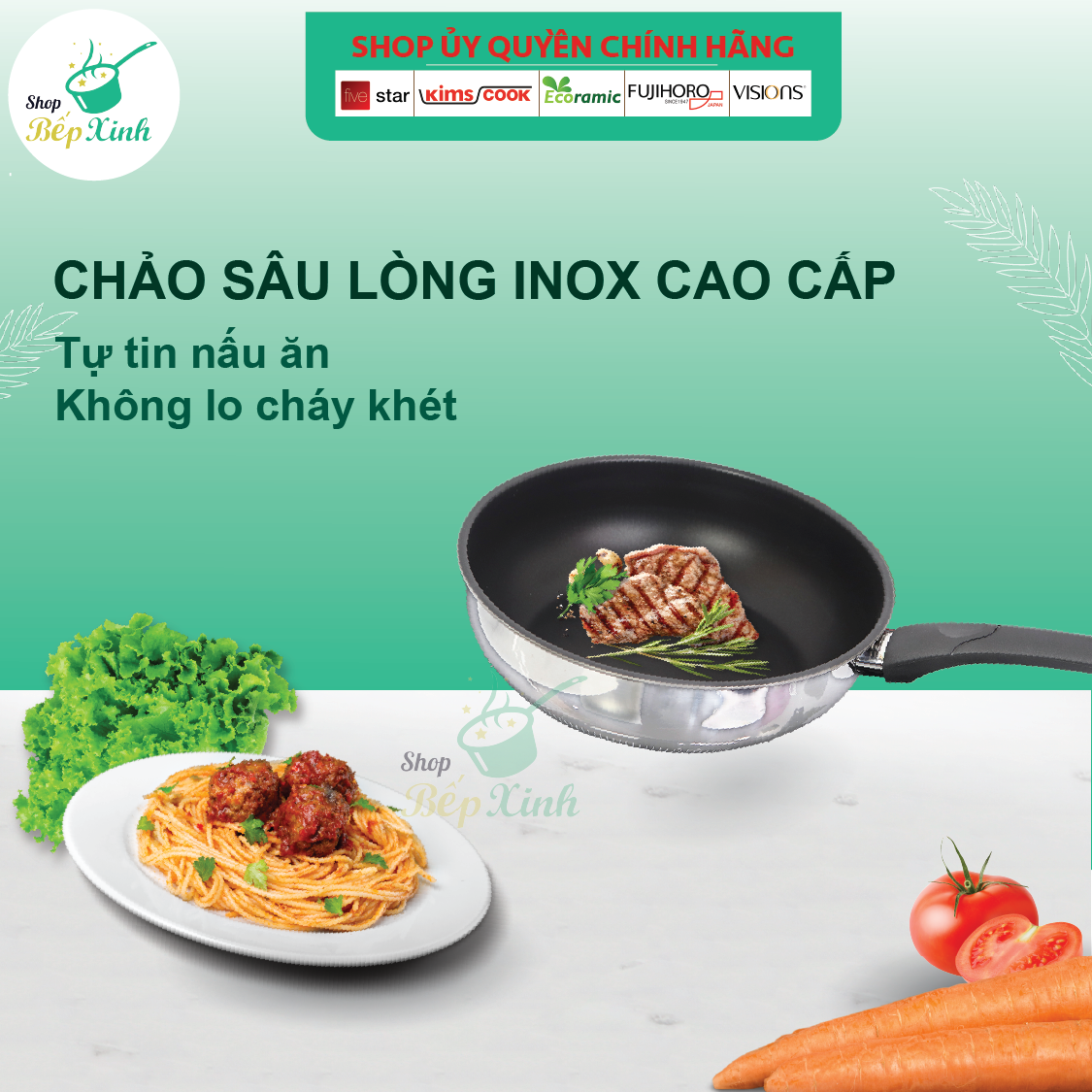 Chảo inox chống dính sâu lòng cao cấp Fivestar 24cm / 26cm / 28cm tặng 5 muỗng ăn , tay cầm cách nhiệt