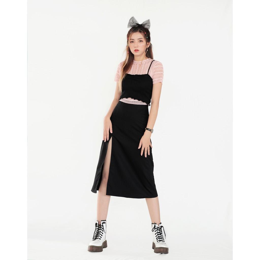 SET váy xẻ đùi dài, áo ren hồng, áo dây đen croptop