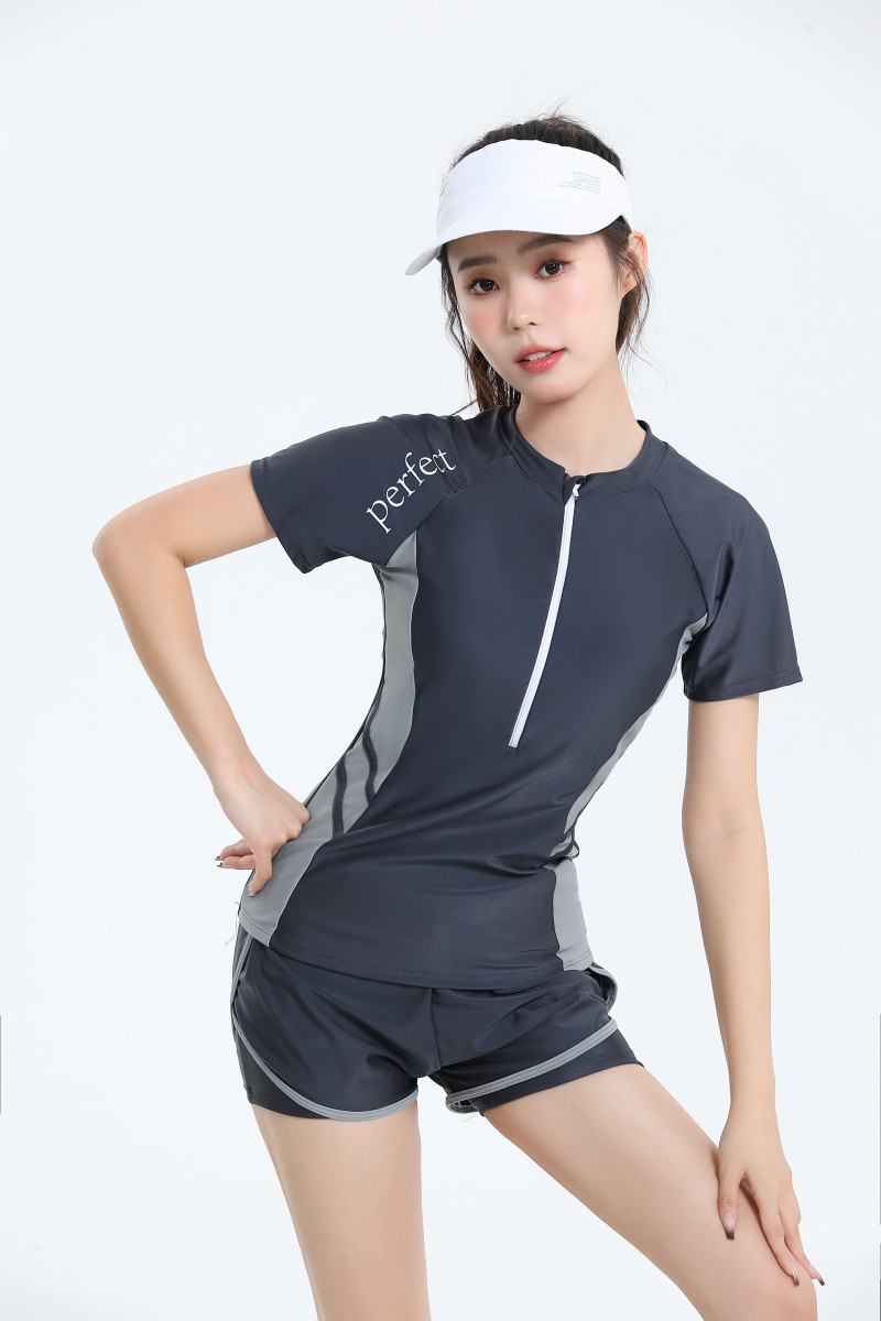 Đồ Bơi Hai Mảnh Tay Ngắn Mix Quần Đùi 2 Lớp Màu Xám