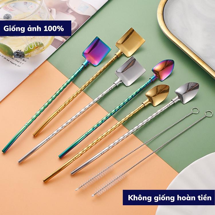 Muỗng Inox có ống hút thìa cute muỗng cà phê an toàn thìa cafe dụng cụ pha cà phê và có cọ rửa ống hút đẹp