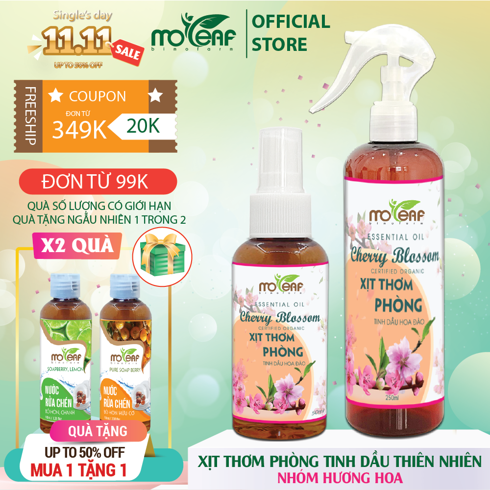 Xịt Thơm Phòng Tinh Dầu Hoa Anh Đào Moleaf Thơm Mát An Thần Hỗ Trợ Giải Cảm Đuổi Muỗi Đuổi Con Trùng 250ml