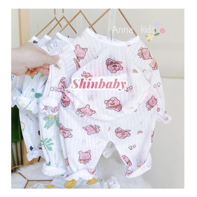 Set 5 bộ cotton giấy dài tay cài vai mỏng mát cho bé nhiều họa tiết dễ thương
