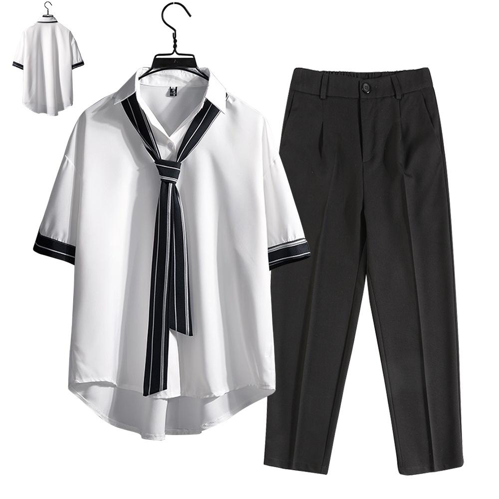 Combo Áo Sơ Mi Ngắn Tay Phối Cà Vạt Kết Hợp Quần Baggy Stylemarven - SOMI 015 + JOGGER 063