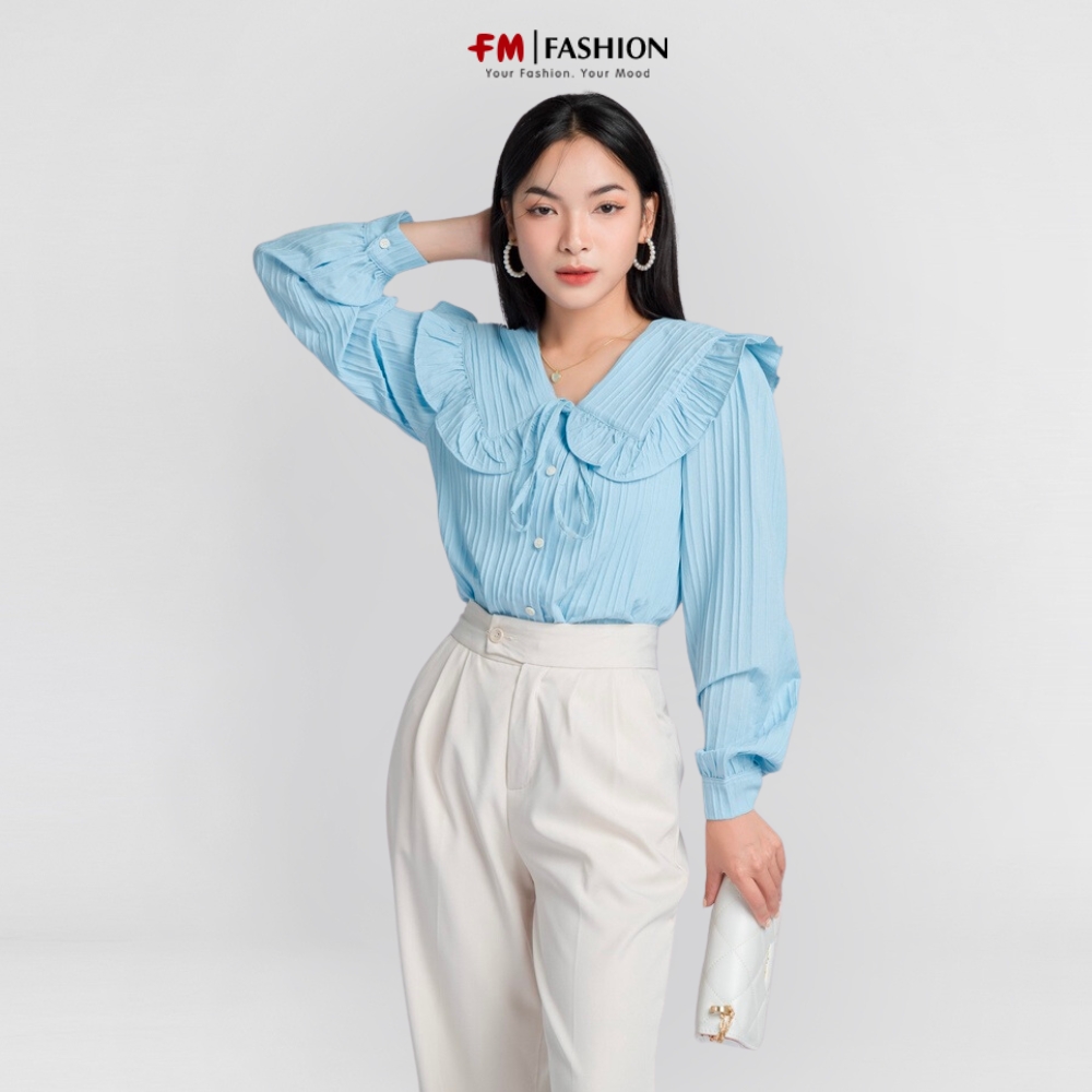Áo sơ mi nữ Fm Style kiểu xốp sọc gân cổ bèo thắt nơ thời trang thiết kế phong cách tiểu thư xinh xắn 22120820