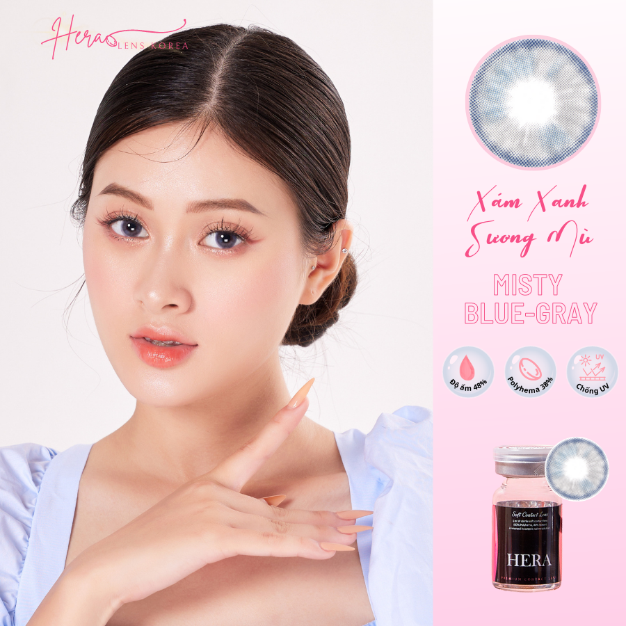 Kính Áp Tròng Hera Xám Xanh Sương Mù Không Độ MISTY BLUE-GRAY Nhập Khẩu Hàn Quốc Lens Không Cận 6 Tháng