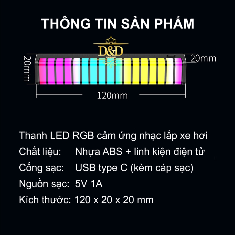Thanh đèn Led RGB cảm ứng âm thanh đổi màu lắp trang trí khử mùi xe hơi, xe ô tô