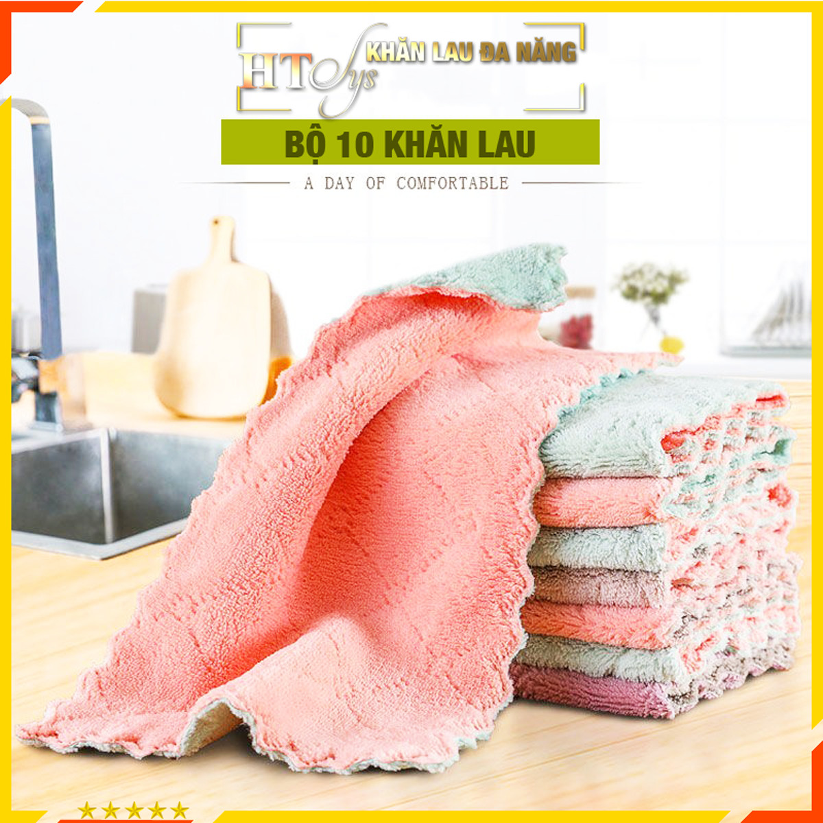 Bộ 10 khăn lau đa năng 2 mặt HT SYS-Khăn lau bếp, khăn lau tay, khăn lau cửa kính - Chất liệu Microfiber-27cmx16cm