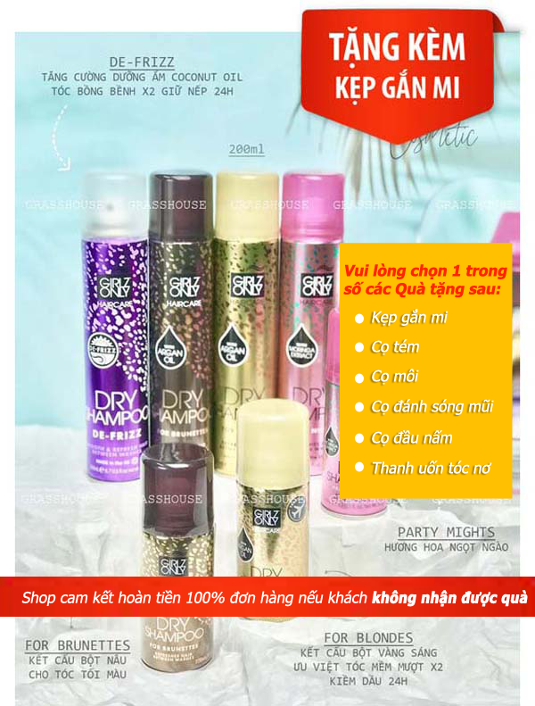  [FULL MÀU - Made in UK] Dầu Gội Khô Girlz Only 200ml giúp làm phồng, hỗ trợ cải thiện tình trạng khô bết tóc (Party Night, Dawn 'Til Dusk, Dazzling Volume, No Residue Nude, For Brunette, For Blondes, De-Frizz )