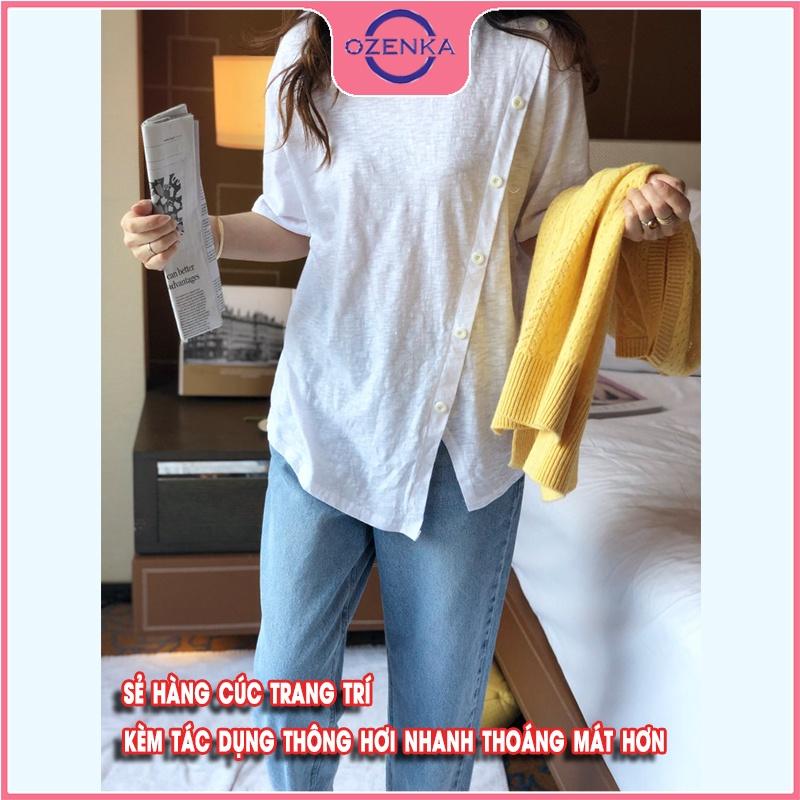 Áo thun rộng nữ tay ngắn cổ tròn sẻ tà, áo phông rộng phong cách hàn quốc 100% cotton màu đen trắng dưới 55 kg